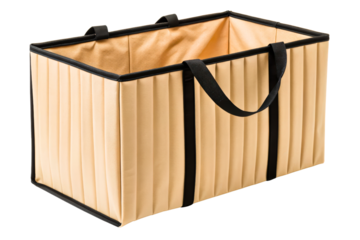 Beige collapsible fabric storage bin for car trunk organization isolated with transparent background
