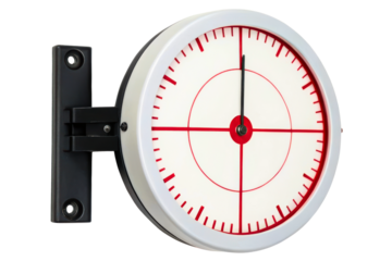 Wall-mounted round clock with red target dial and black bracket isolated with transparent background