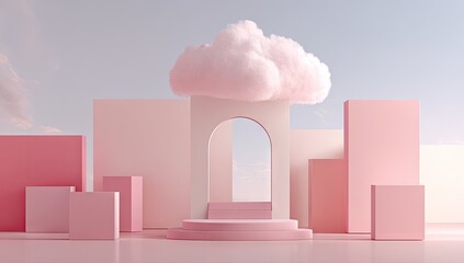 Pastel pink and white architectural display with soft cloud
