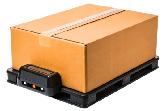 Cardboard box on a pallet with a mobile label printing device isolated with transparent background
