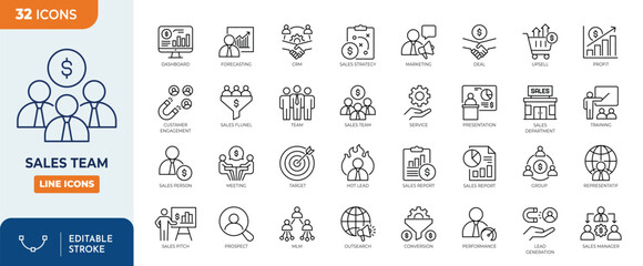 Sales team line editable icon set. Containing  salesperson, marketing, prospect, conversion, sales report, funnel, lead generation, and more. Editable stroke. Vector illustration