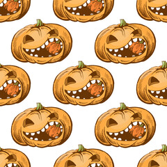 Hand drawn vintage seamless pattern of halloween pumpkin jack o lantern with pepper in mouth in orange color