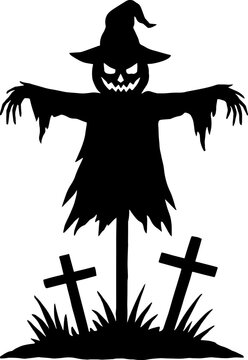 Halloween scarecrow silhouette vector creepy scarecrows in field halloween night background vector art in black and white silhouette vector with white background 