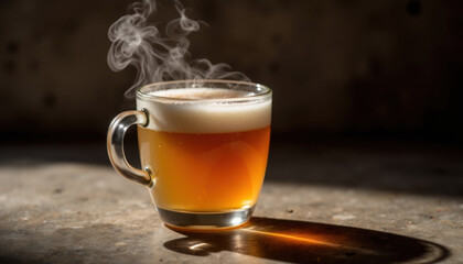 Hot cup of beer with frothy head and steam on wooden table