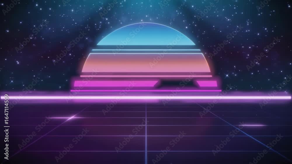 Wall mural retro futuristic synthwave background showing digital grid and colorful sun with glowing lines, evok