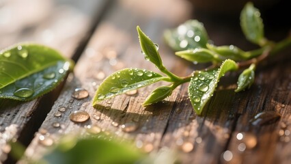 Fresh tea leaves with water droplets on a wooden surface
