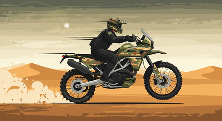 Illustrated camouflage motorcycle speeding across sandy desert landscape
