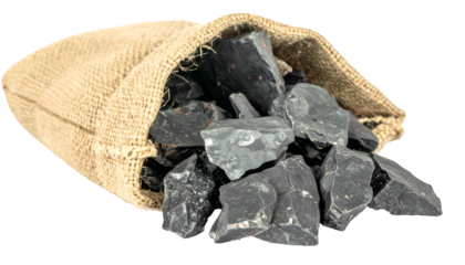 Burlap Bag of Rock: An old, textured burlap bag overflowing with rough-hewn rocks, showcasing earthy tones and natural elements