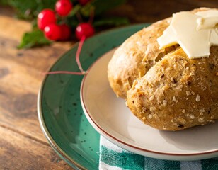 A warm, crusty whole grain bread roll with melting butter on a plate, served for a wholesome and rustic breakfast.