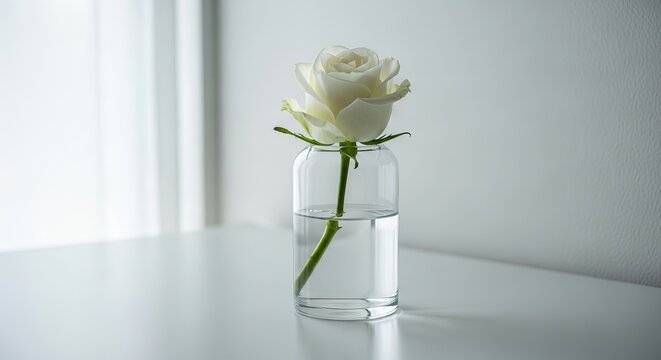 A single white rose in a clear glass vase with water on a white surface in a bright and airy setting