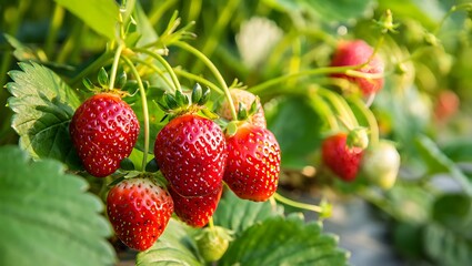 Fresh Strawberries Growing on the Vine a Symphony of Red and Green in a Summer Garden Healthy Eating and Sustainable Agriculture