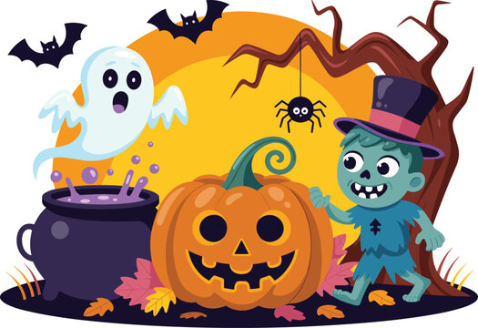 Spooky halloween scene with friendly ghost zombie and jack o lantern under a full moon