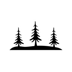 Obraz premium Silhouette of three pine trees on a small hill against white background