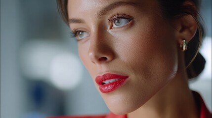 Applying bold red lipstick to bottom lip a makeup tutorial in a glamorous environment for beauty enthusiasts