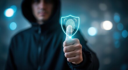 Anonymous figure in hood displays glowing digital fingerprint security shield concept with bokeh background lights