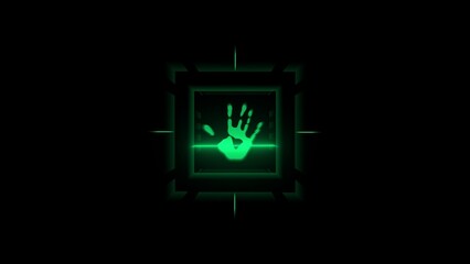 Glowing Green Handprint Within a Futuristic Cube Frame Against a Black Background image