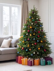Decorated christmas tree with colorful ornaments and wrapped gifts in cozy living room.