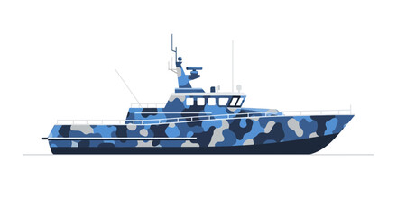 Fototapeta premium Modern Navy Patrol Boat in Blue Camouflage Isolated on White Backdrop