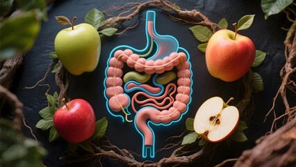 Illustration of the human digestive system surrounded by fresh apples and foliage