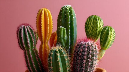 Colorful Variety of Cacti in a Pot Against a Pink Background in Indoor Setting