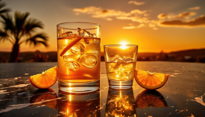 Refreshing cocktails with orange slices at sunset by the beach  