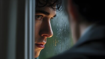 Close-Up Portrait of a Young Man Gazing Thoughtfully Through a Rainy Window with Soft Lighting
