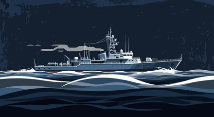 Navy vessel navigating stormy waters with stylized waves and dark sky backdrop