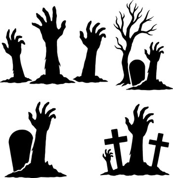  Zombie Hands Rising from christa graves &ndash; Horror Halloween Silhouette in black and white silhouette vector with white background 