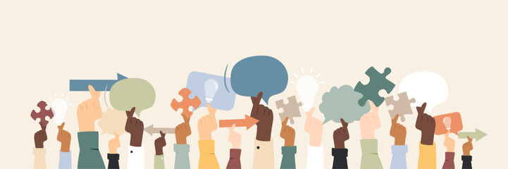 Different hands holding various communication elements: chat bubbles, puzzle elements, etc.