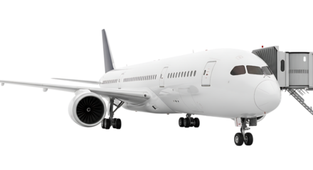Airplane with jetway isolated on transparent background, ready for boarding