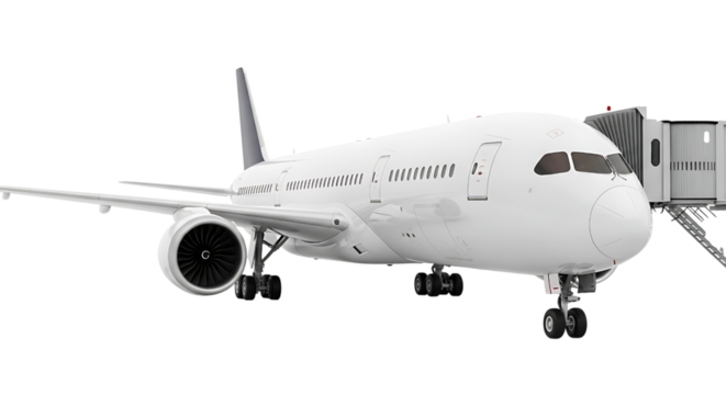 Airplane with jetway isolated on transparent background, ready for boarding