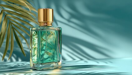 Teal perfume bottle, tropical backdrop
