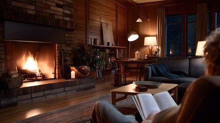 Cozy Living Room with a Fireplace and a Person Reading a Book in a Warm Evening Atmosphere