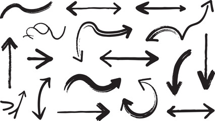 Collection of hand drawn arrows and symbols isolated on white background