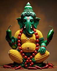 Vibrant Ganesha sculpture crafted from fresh corn and peppers