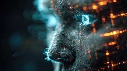 Intelligent AI concept with glowing blue eye and abstract digital circuitry, representing future technology and machine learning innovation