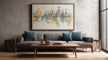 Modern living room with gray sofa, colorful art piece, and natural light.