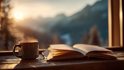 Warm drink and open book by a window, mountain view