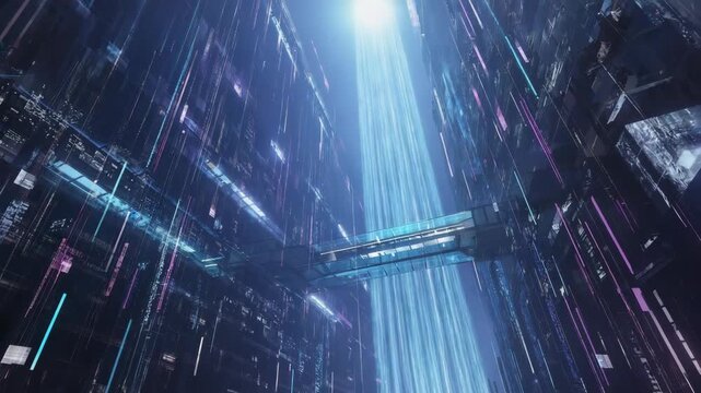 Beams of light illuminate glass skybridge connecting futuristic buildings with streams of data flowing in cyberpunk cityscape. Creating a mesmerizing scene of advanced technology and urban innovation