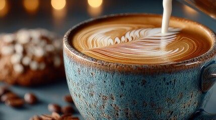Closeup of a steaming hot latte with intricate art poured into a rustic blue ceramic mug, accompanied by a cookie and coffee beans