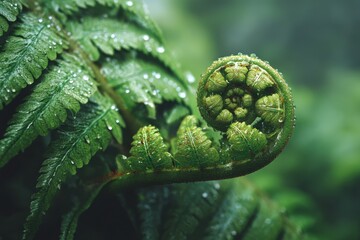 Closeup of a green fern with tightly coiled frond adorned with water droplets against a blurred green backdrop