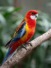 Obraz premium A vibrant parrot with red, yellow, and blue feathers sits on a branch in a lush green environment. Ideal for wildlife and nature themes.