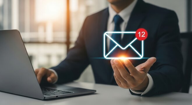 Professional man working on laptop with digital envelope notification symbol displaying unread messages
