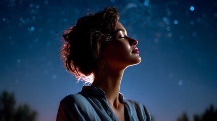 Thoughtful Woman Silhouetted Against a Starry Night Sky with a Serene Expression in Nature