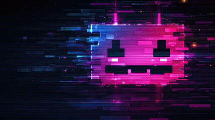 Dynamic digital glitch art showcases vibrant neon pink and blue abstract geometric shapes with futuristic data stream effects, perfect for tech and gaming themes