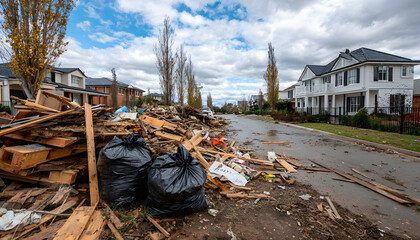 Large pile of construction debris sits on suburban driveway. Broken wood, timber, building materials mixed with two large black rubbish bags filled with rubbish. Homes in background suggest