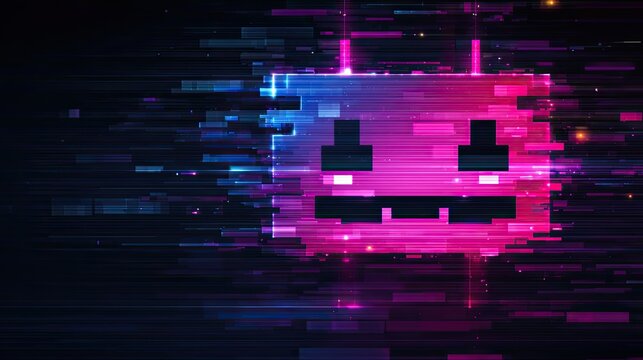 Dynamic digital glitch art showcases vibrant neon pink and blue abstract geometric shapes with futuristic data stream effects, perfect for tech and gaming themes