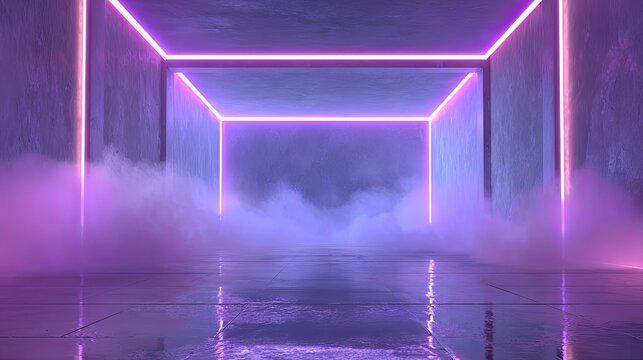 Immersive neon-lit architectural space bathed in vibrant purple haze creating a futuristic, dramatic atmosphere perfect for modern event backdrops or concept visuals