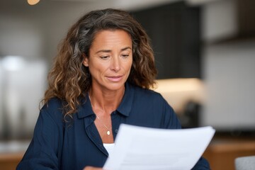 A woman with curly hair sits at a table, focused on reading papers in a modern home setting. The atmosphere is calm and contemplative.