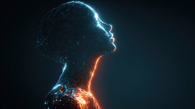 Abstract luminous human head silhouette composed of glowing digital connections and particles representing thought, innovation, and consciousness in a dark void